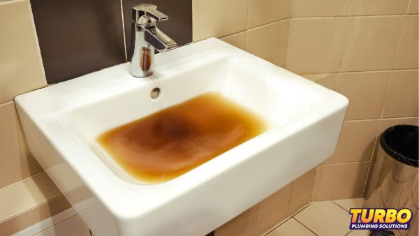 A white sink backup filled with brown, dirty water sits next to a trash can, with the Turbo Plumbing Solutions logo in the bottom right corner.