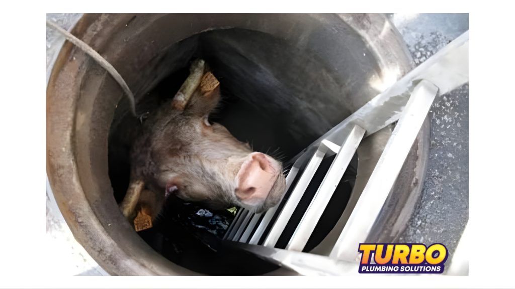 A pig is stuck in a vertical concrete pipe or well with drains, metal ladder, and wooden supports, as plumbers from "Turbo Plumbing Solutions" look on. The logo sits in the corner, highlighting their knack for rescuing weird things.