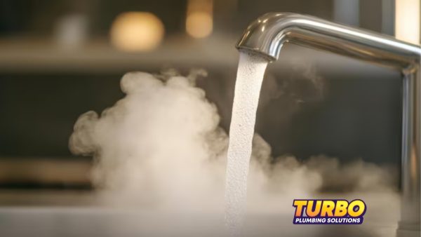 Hot water runs out in a visible stream from a modern metal faucet into a sink; "Turbo Plumbing Solutions" logo appears in the lower right corner, highlighting May plumbing tips for smart homeowners maintenance.