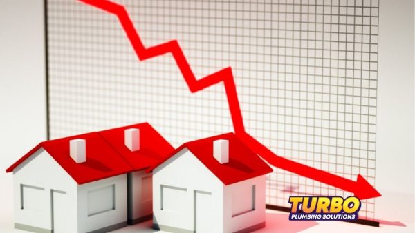 Two model houses sit in front of a chart with a red downward trend line, highlighting how plumbing problems can impact home value, with the Turbo Plumbing Solutions logo in the corner.