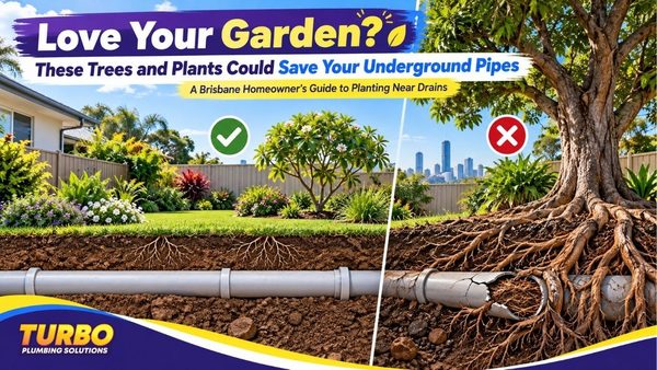 Infographic by Turbo Plumbing Solutions for Brisbane homeowners comparing safe plants versus damaging tree planting near underground pipes for better garden landscaping.