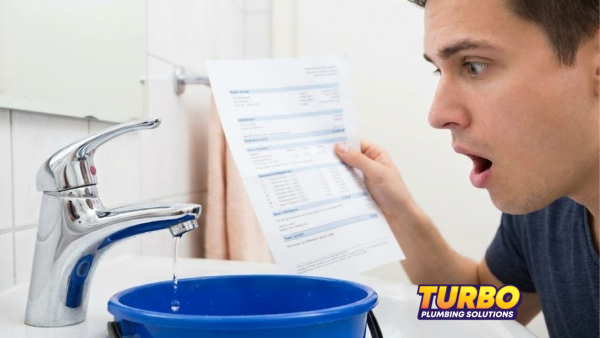A man looks shocked at a water bill increase while a leaky faucet drips water into a blue bucket; a Turbo Plumbing Solutions logo appears in the corner, reminding homeowners to address water leaks promptly.