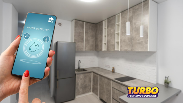 A homeowner holds a smartphone displaying a "Water Detected" alert powered by Smart Plumbing Technology in a modern kitchen; Turbo Plumbing Solutions logo is visible in the corner.