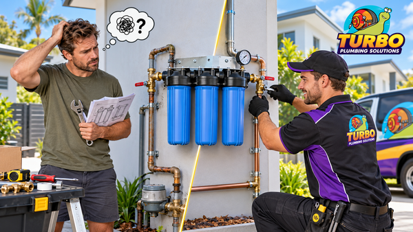 A plumber installs a Whole House Water Filter outdoors while a confused man holding a wrench and DIY instructions watches. Turbo Plumbing Solutions logo is visible in the top right corner.