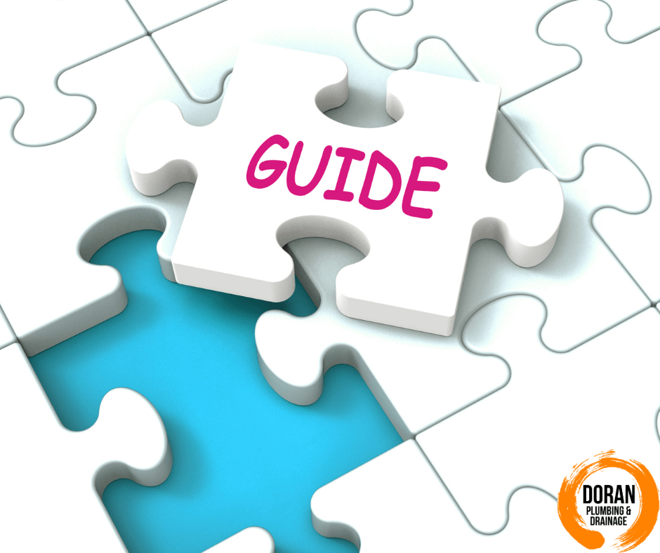 A white puzzle piece labeled "GUIDE," symbolizing the Ultimate Guide to Preventing Blocked Drains, is partially placed over a blue space with other white puzzle pieces around it. The "Doran Plumbing & Drainage" logo is in the bottom right corner.