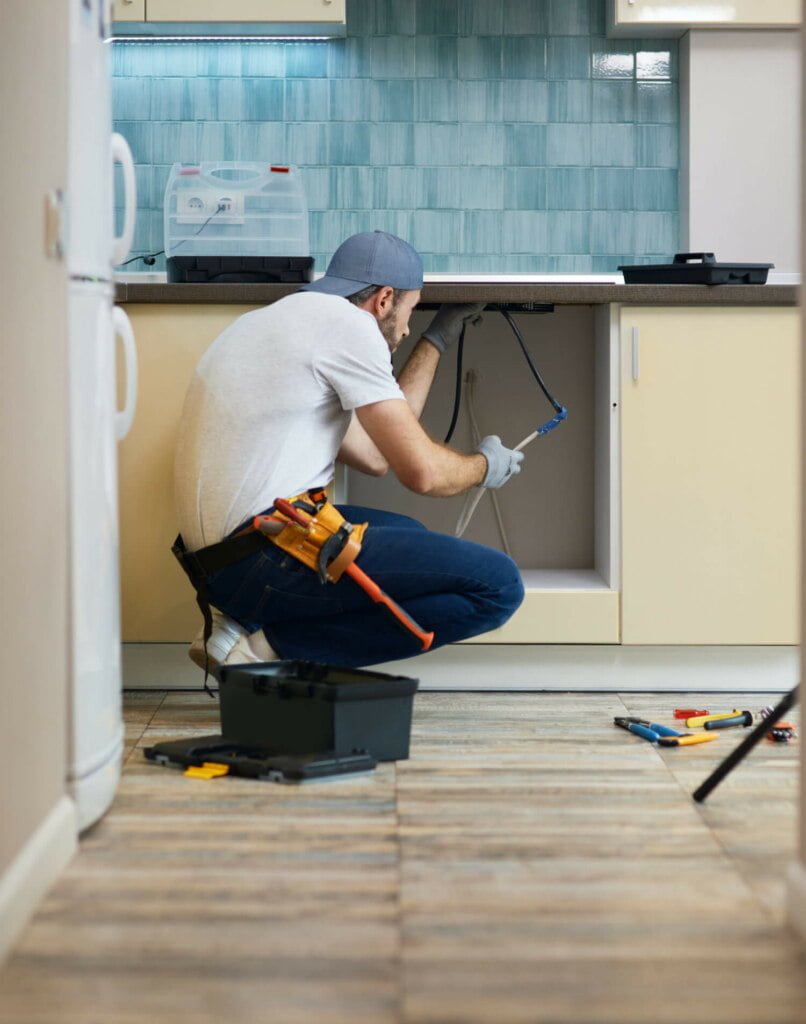 A plumber in a cap and gloves is kneeling to fix pipes under a kitchen sink, tending to a blocked drain. Tools and a toolbox are on the floor beside him, ready for efficient drain repairs.
