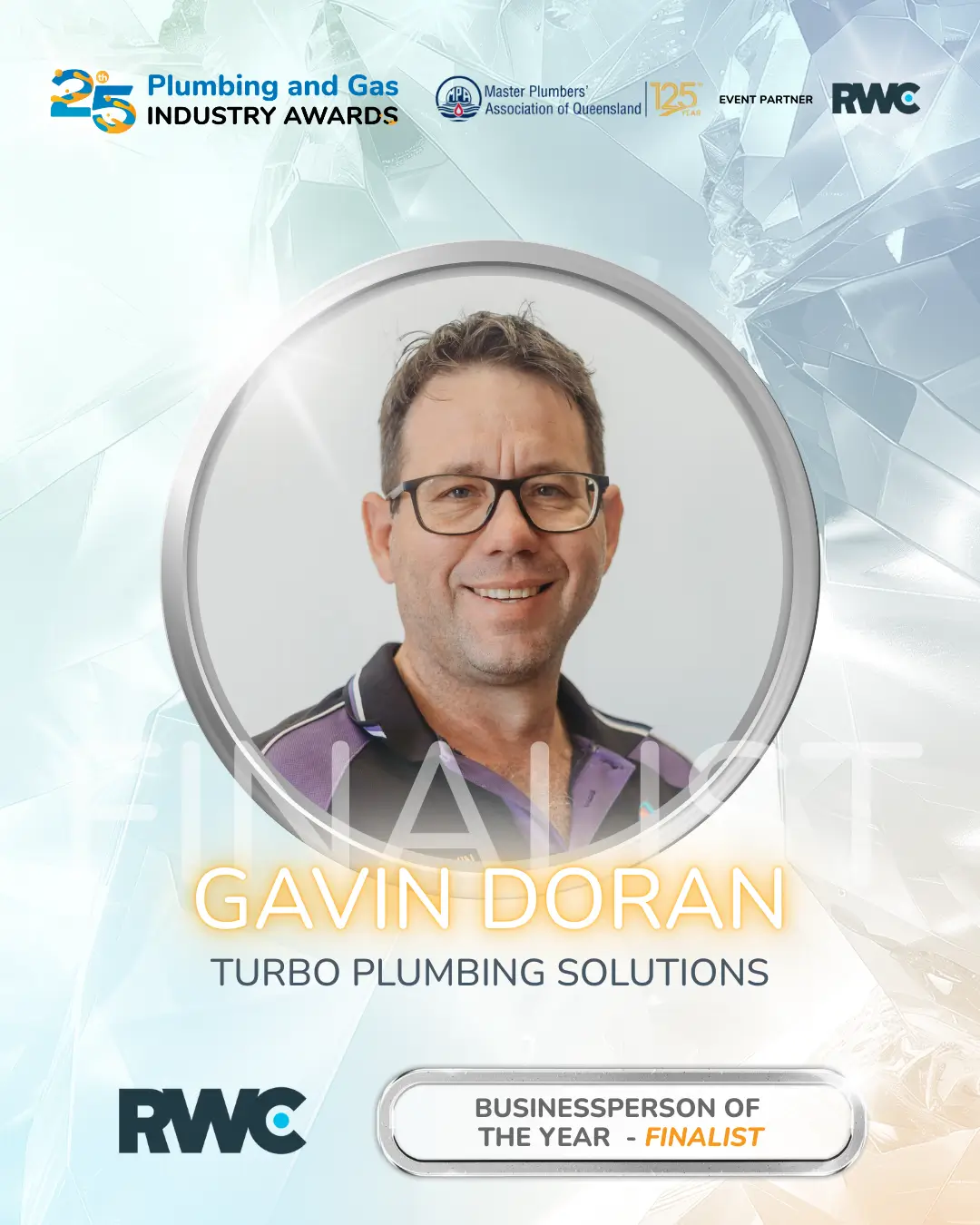 A smiling man with glasses is pictured in a circular frame. Text reads "Gavin Doran, Turbo Plumbing Solutions, Businessperson of the Year - Finalist, RWC Plumbing and Gas Industry Awards.