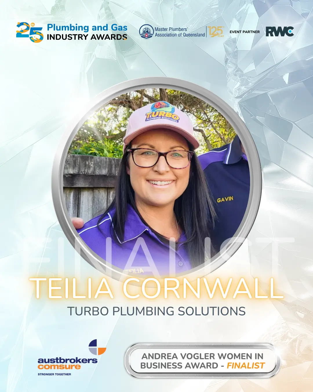 A woman wearing glasses and a Turbo Plumbing Solutions hat smiles at the camera. Text indicates she is a finalist for the Andrea Vogler Women in Business Award.