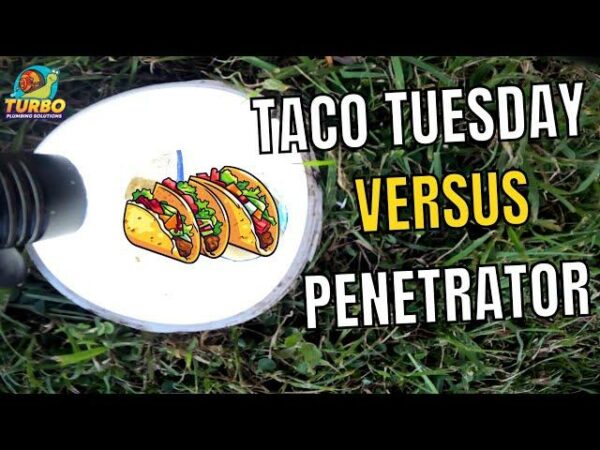 Illustration of three tacos with text: "Taco Tuesday versus Penetrator" on grass background. Turbo Plumbing Solutions logo in the corner.